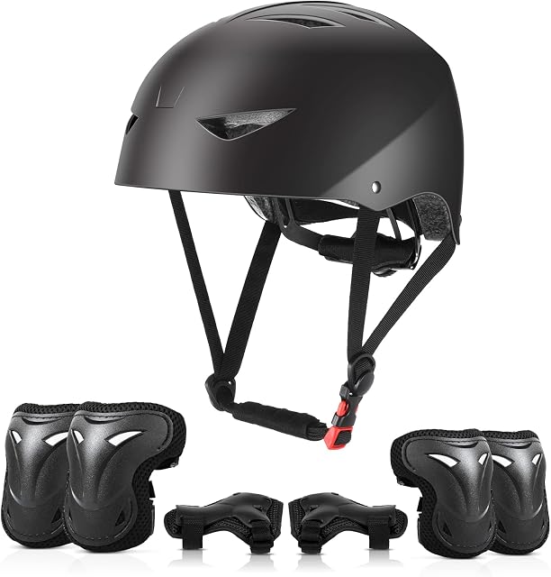 ValueTalks Kids Helmet and Pads Set Age 5-15 Years Kids Skateboard Helmet Knee Pads Elbow Pads Wrist Pads for Roller Scooter Cycling Skating