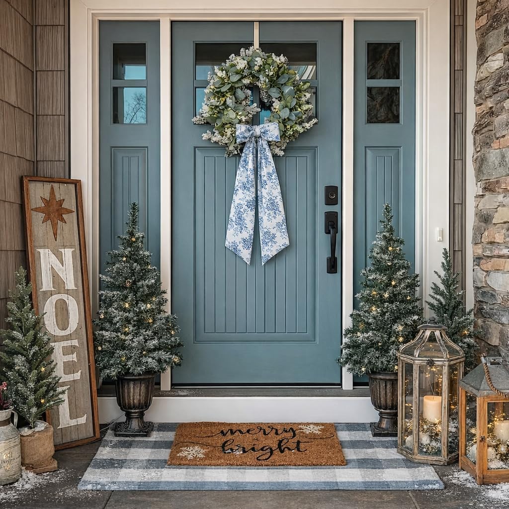 2 Pcs Blue and White Wreath Sash for Front Door, Chinoiserie Floral Garland Ribbon, Wreath Accessories for Porch Yard Doorway, Indoor Outdoor Wedding Home Decor (Blue)