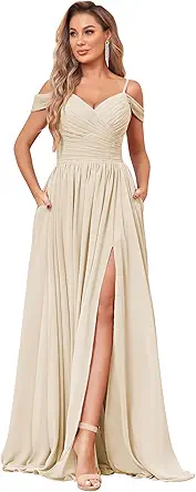 BOLENSYE Off The Shoulder Bridesmaid Dresses with Pockets Ruched Chiffon Long Slit Formal Evening Gown