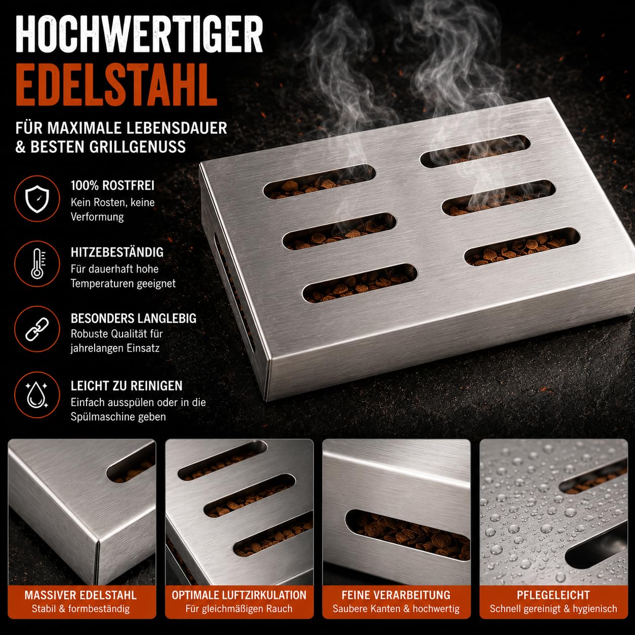 Premium Räucherbox Edelstahl mit Räucherchips Set – Smokerbox für Gasgrill, Holzkohlegrill & Smoker – 4 Holzsorten Buche Apfel Kirsche Whiskey – BBQ Geschenk für Männer (Premium Räucher Set)