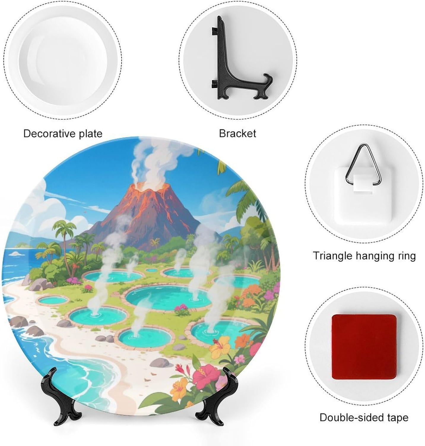 Bone China Decorative Plates Hot Spring Volcanic Island Ceramic Decorative Plate Wall Decor with Display Stand Ceramic Ornaments for Wall Hanging Decoration