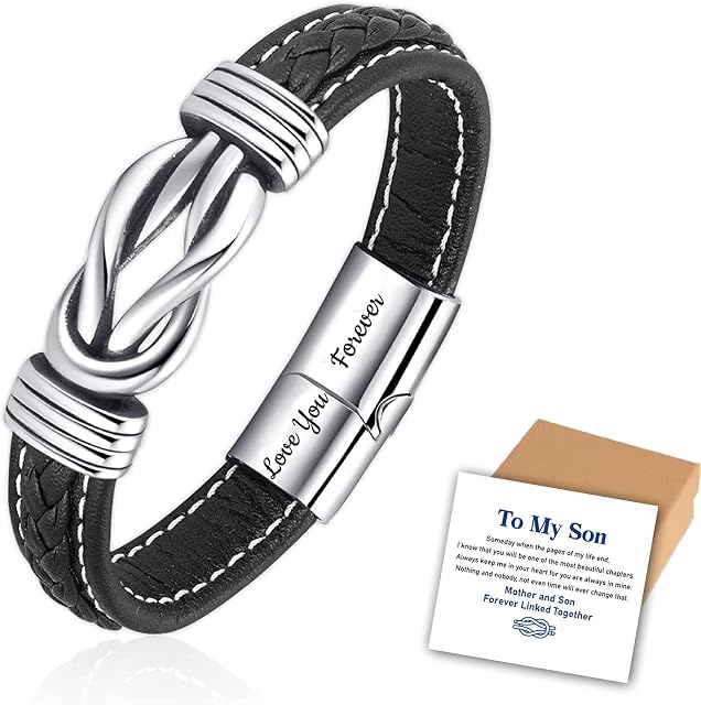OOS to My Son/Daughter/Grandson Braided Leather Bracelet, Forever Linked Together Handmade Leather Knot Wristband Cuff Bracelet, Men Woman Inspirational Bracelet Birthday Gift (to My Son)