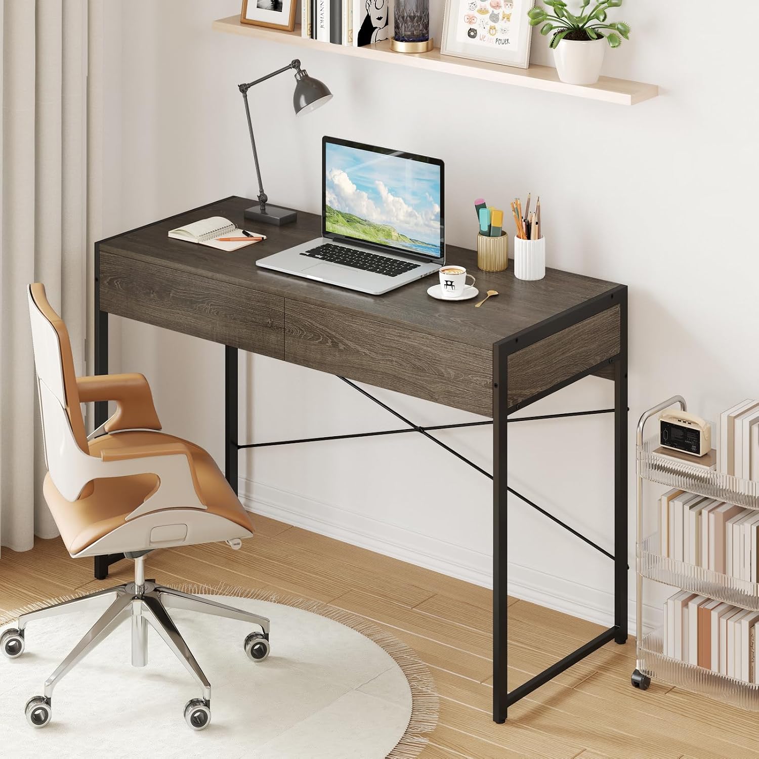 Giantex Computer Desk with 2 Drawers, 44 Inch Home Office Desk with Anti-Toppling Device & Metal Frame, Compact Laptop PC Table, Vanity Table, Modern Study Writing Desk for Small Spaces (Grey Oak)