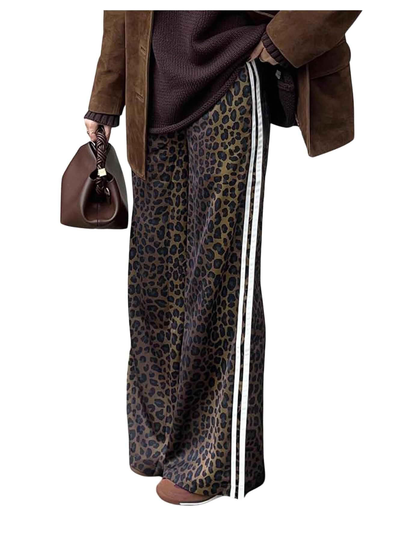 SHENHE Women's Cheetah Print Wide Leg Baggy Y2k Loose Streetwear Trousers Elastic Waist Baggy, Side Stripe Detail, Fits Daily Outings, Parties and Casual Street Style