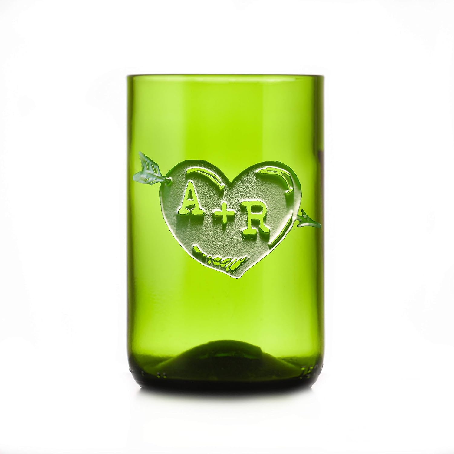 Green Recycle Wine Bottle Glass, Engraved Heart Arrow Tumbler