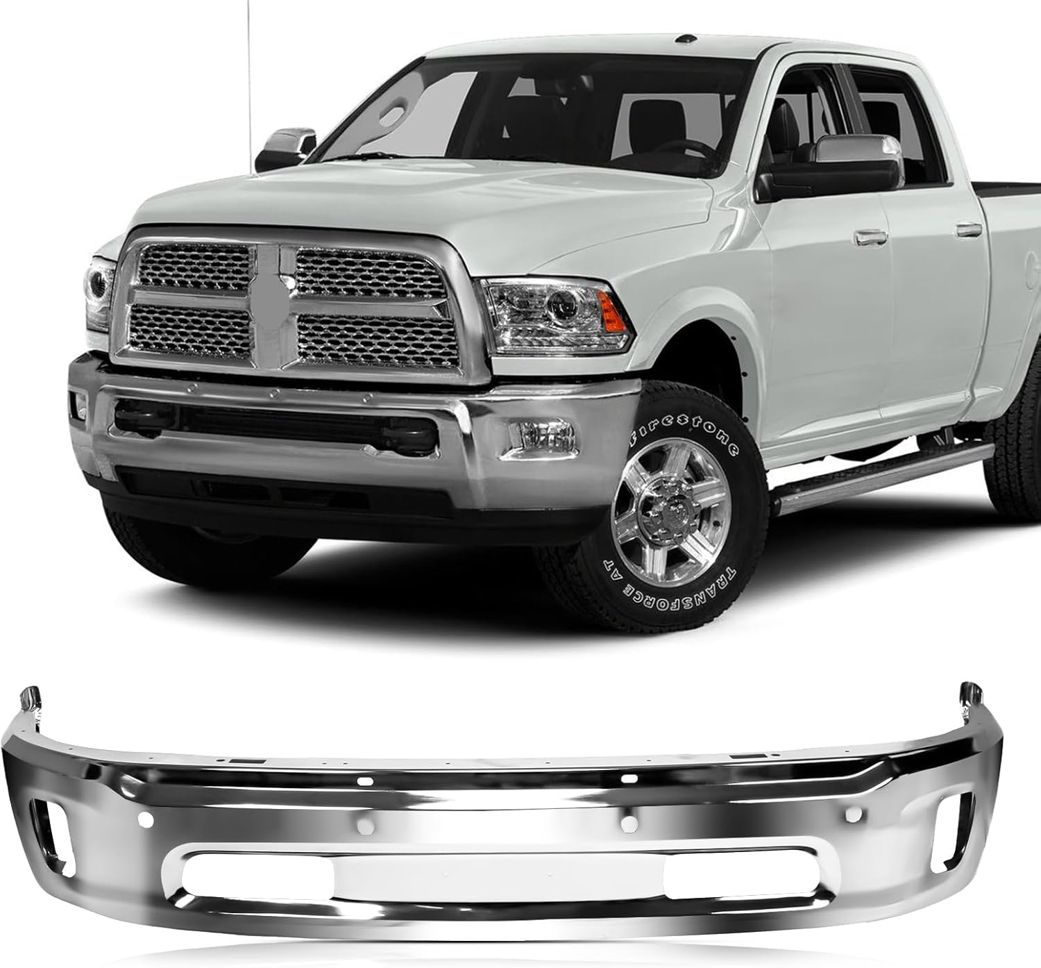 KYX Front Lower Bumper Compatible for Ram 1500 2014-2018, Fits Ram 1500 Classic 2019-2022 with Fog Light Holes & Park Assist Sensor Holes, Chrome Steel Front Bumper Face Bar, CH1002402