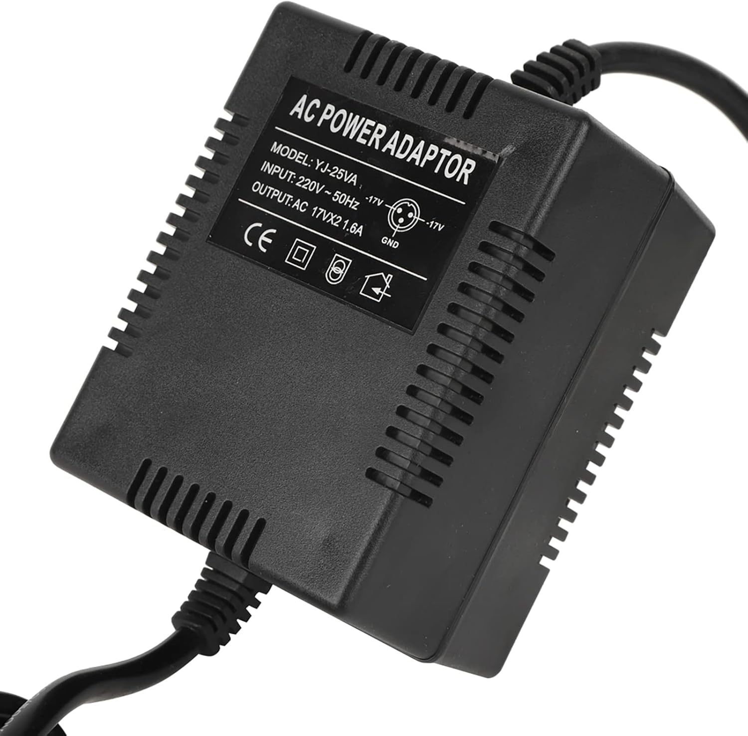 Close-up of the power adapter's label showing model, input, and output specifications