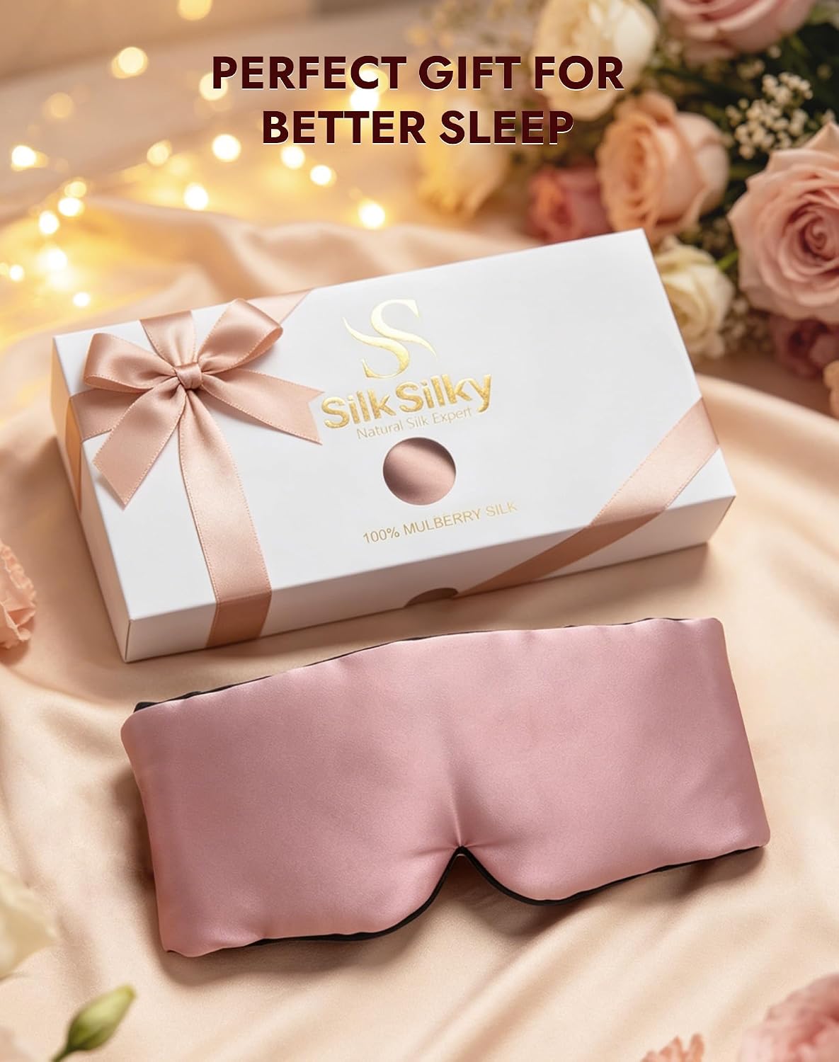 SilkSilky Silk Sleep Mask for Side Sleepers - 22 Momme 100% Mulberry Silk, Wide Face-Hugging 3D Eye Mask for Total Blackout, Zero Pressure & Adjustable Band for Women Men (Pale Mauve)
