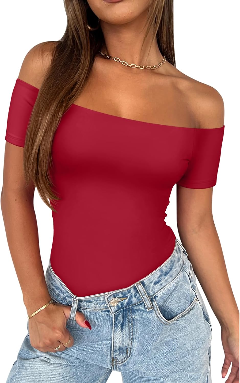 REORIA Women Sexy Off The Shoulder Short Sleeve Backless Basic Double Lined Thong Bodysuit Tops