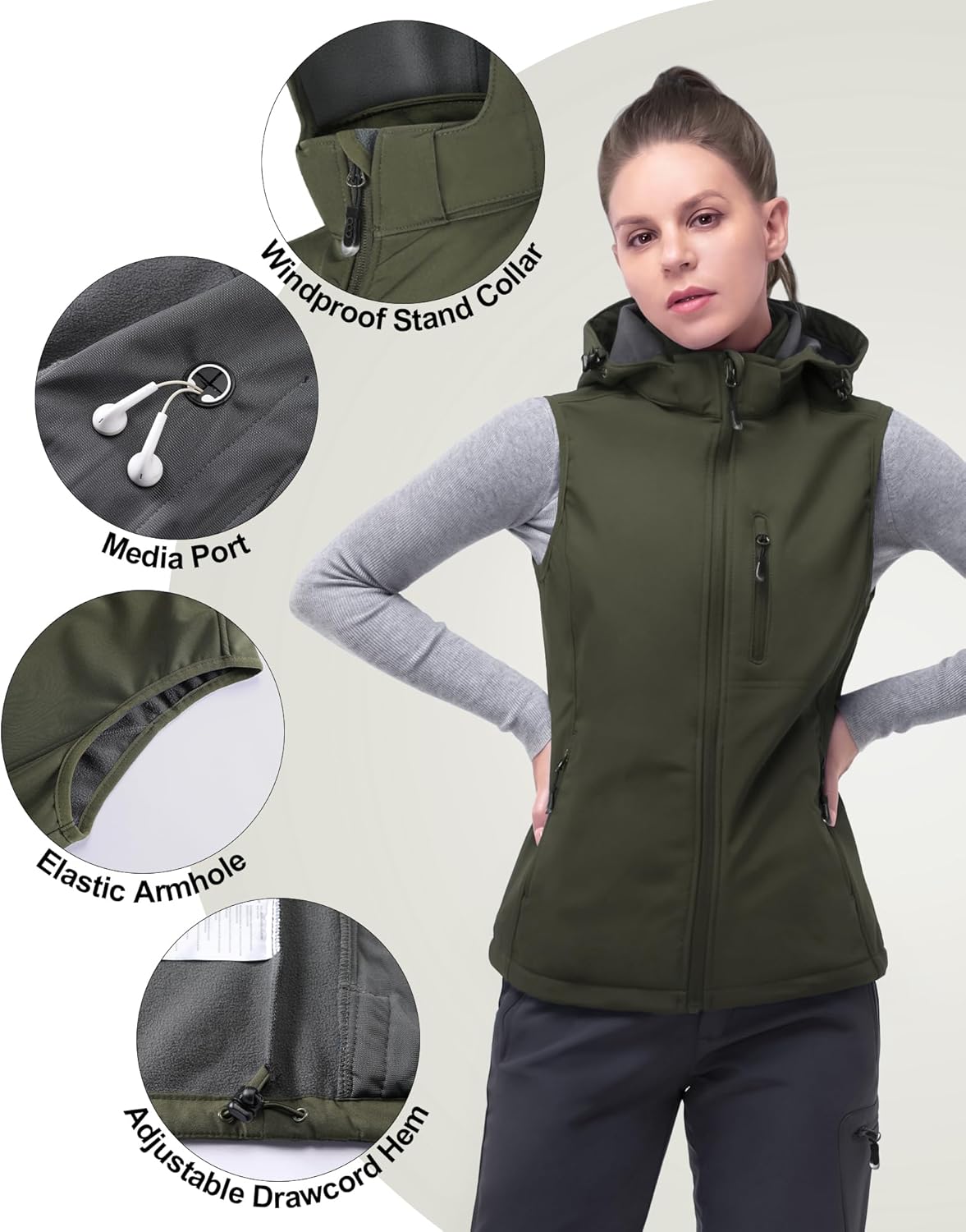 33,000ft Women's Hooded Lightweight Softshell Vest Fleece Lined Windproof Zip Up Sleeveless Jacket for Hiking Golf Running - Image 3