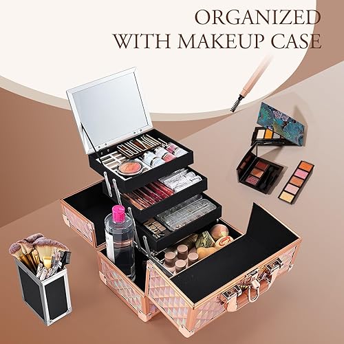 Miniatura 8 de Joligrace Caja de maquillaje para mujer, organizador de joyas de viaje con compartimentos y espejo, caja organizadora de maquillaje portátil con