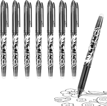 8pcs 0.7mm Black Eraser Pens, Friction Gel Ink with Rubber Tip