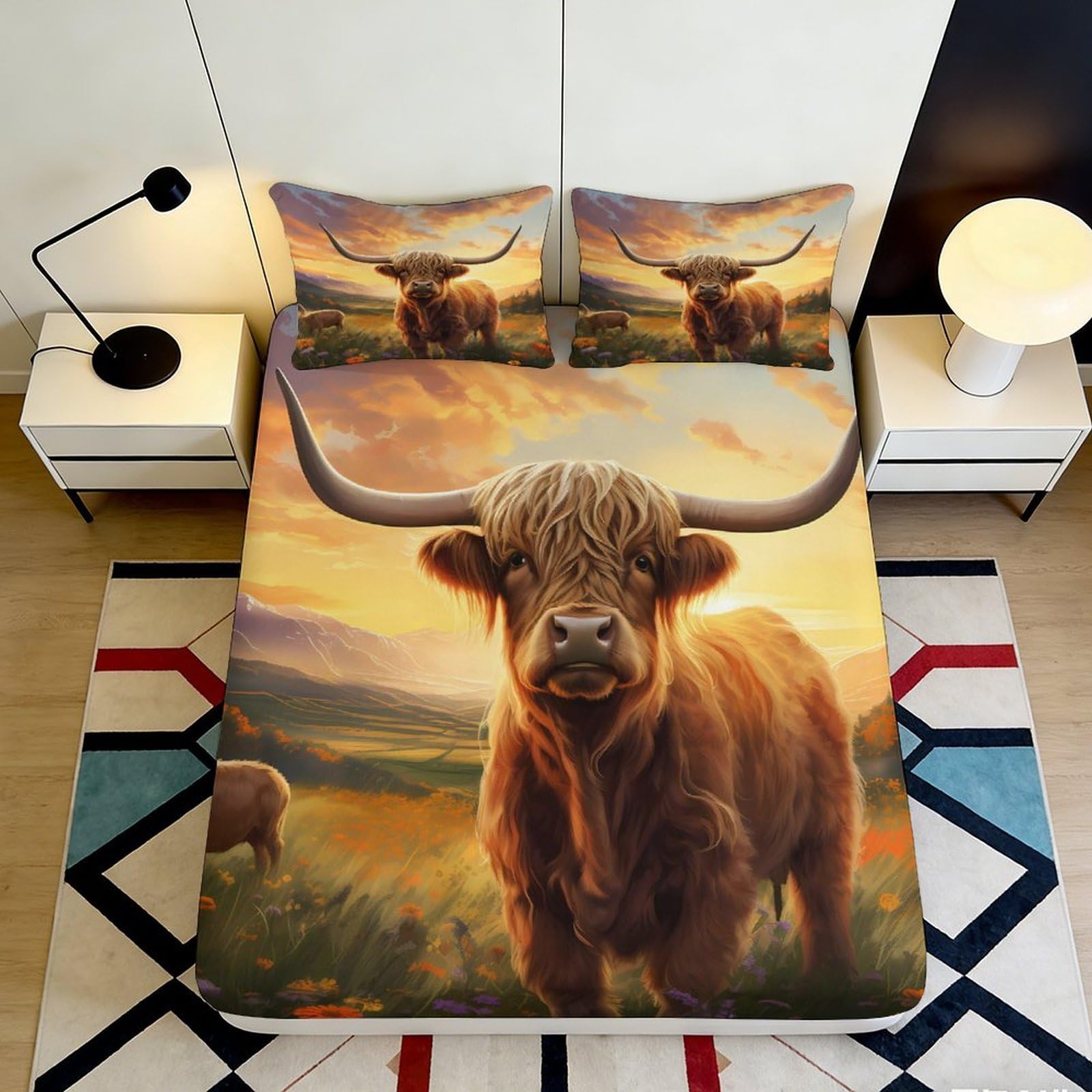 3D Printed Highland Cow Fitted Sheet Microfiber Soft Durable Sunset Landscape Bed Cover for Bedroom Dormitory Guest Room Mattress Protection 160x200x25cm