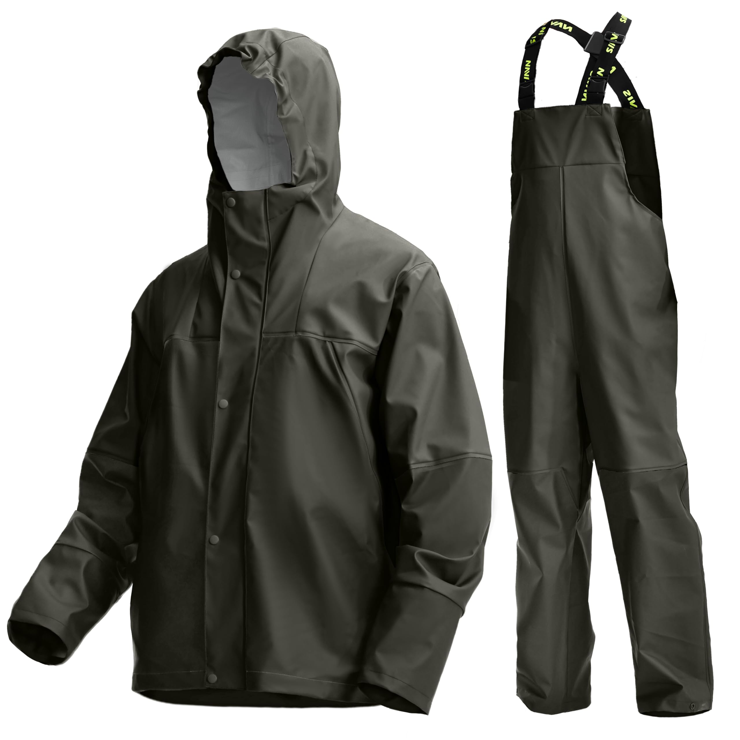 Men's PRO Waterproof Workwear 3-Piece Rain Jacket & Bib Pants Set - Heavy Duty PU 2-Tone Multi-Functional Design