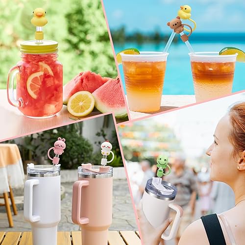 Miniatura 5 de 5 tapas de popote para copa Stanley, de silicona con diseño de animales lindos para vaso Stanley de 30 y 40 onzas con asa, 0.394 in, 0.4 pulgadas, a