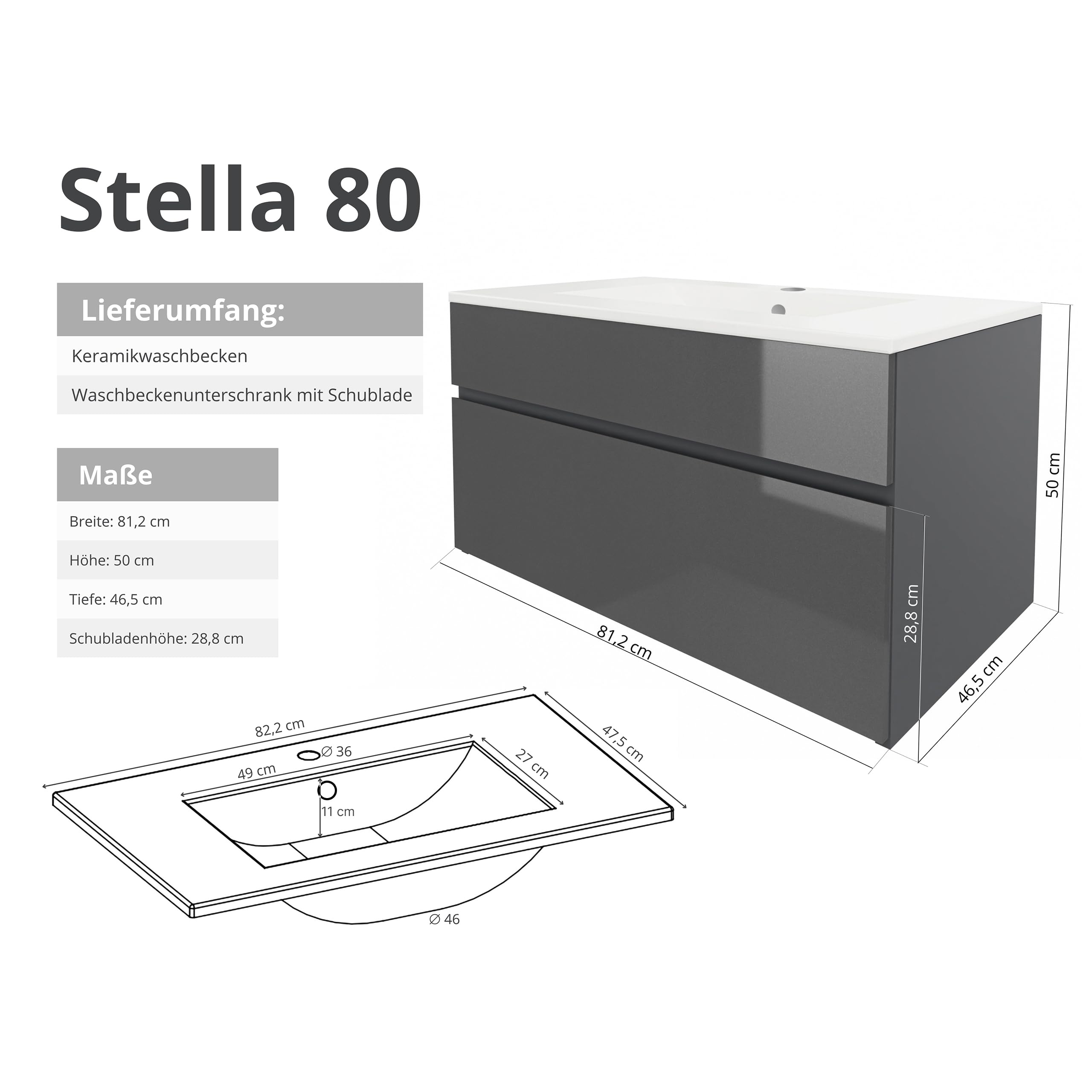 wohnartig® Stella Waschtischunterschrank – Hängend | Anthrazit | Anthrazit Hochglanz | 81,2 × 46,5 × 50 cm | Moderner Waschbeckenunterschrank mit Keramikwaschbecken | Waschbecken mit Unterschrank