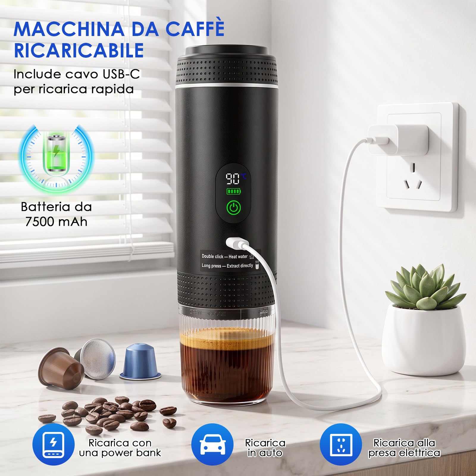Dreamhigh® Macchina Caffè Portatile 7500mAh, Mini Macchina Espresso Portatile da Viaggio con USB Type-C & Display LED, Espresso 20 Bar per Capsule & Caffè Macinato, Ideale per Camping e Viaggi