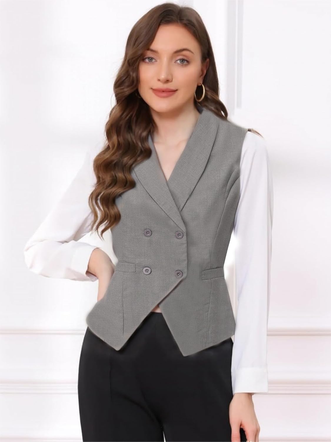 Suit Vests for Women Button Up Christmas Business Casual Dressy Double Breasted Waistcoat Vest Tops with Pockets - Image 6