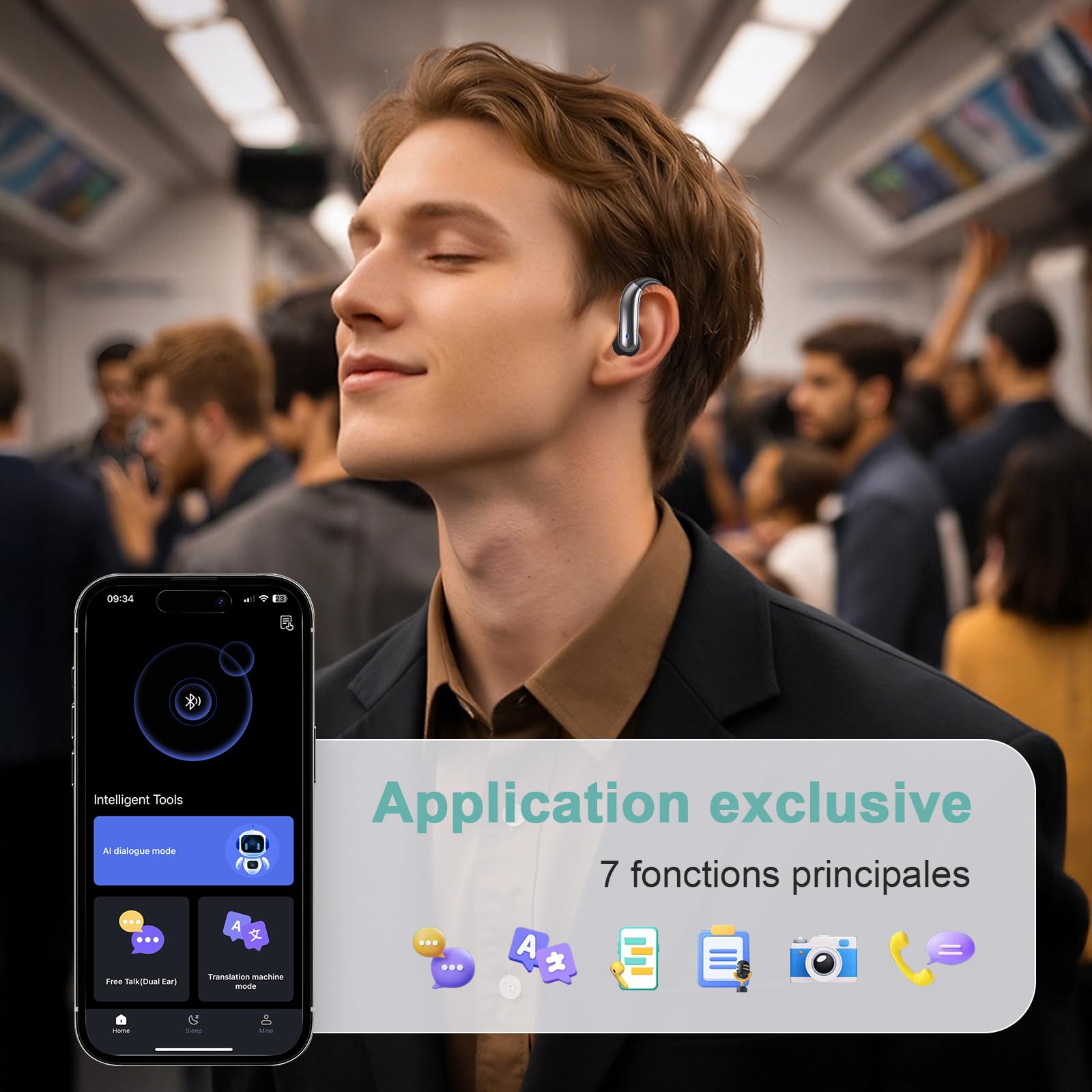 Casque Traducteur Intelligent 164 Langues 4 en 1 Ouvert 7 Modes Traduction Musique Sport Apprentissage Voyage