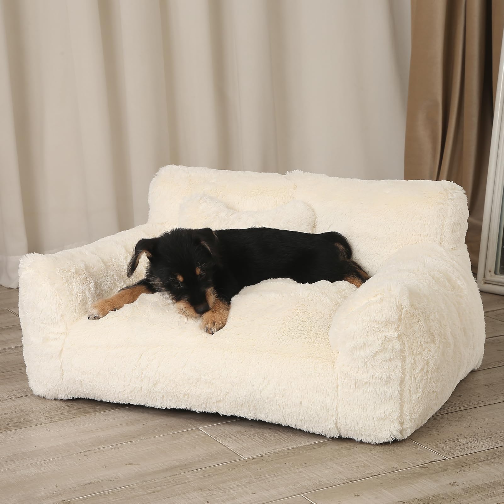 BestRoyal Fluffy Cat Couch, Small Dog Bed with Bone Shaped Pillow, Anti-Anxiety Pet Bed with Washable Cover, Cream