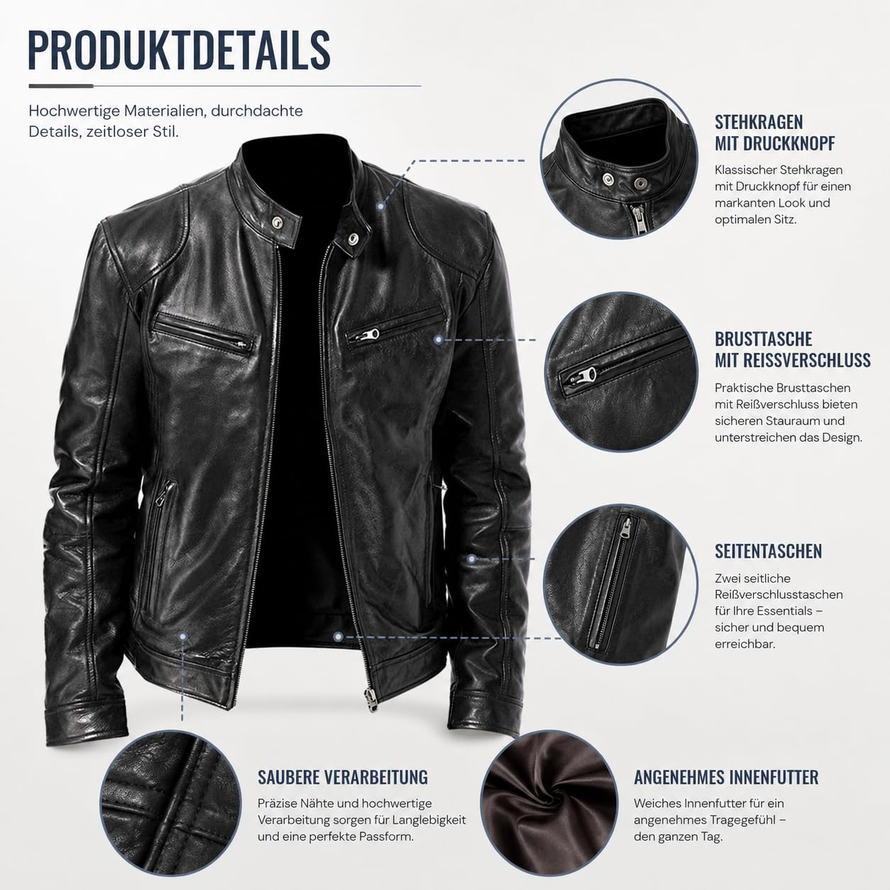 Lederjacke Herren Kunstleder Bikerjacke mit Stehkragen Vintage Leder Jacken Freizeit Leichte Übergangsjacke Männer Slim Fit Motorrad Jacke Reißverschluss – Zeitlos Elegant & Robust