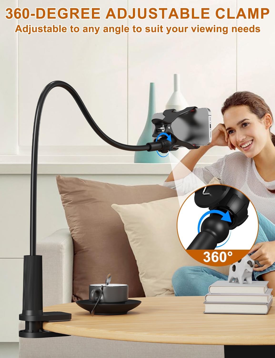 Phone Holder for Bed, Gooseneck Phone Holder for Desk Bedside Table, Flexible Gooseneck Long Arm Stand with Adjustable 360°Cell Phone Mount Clamp Clip for iPhone and All 4-7" Phone
