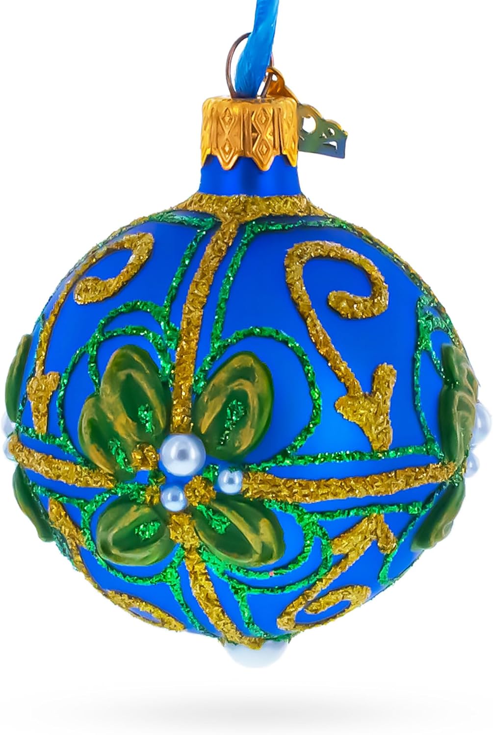 Green & Gold Glitter Pearls & Floral Accents Blue Glass Ball Christmas Ornament 2.4 Inches - Image 3
