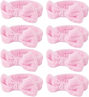 Casoty 8 Pack Pink Coral Fleece Spa Headbands - Soft Bow Hair Bands for Face Wash, Makeup, Yoga, Skincare - Cute Stretchy Accessory for Women & Girls