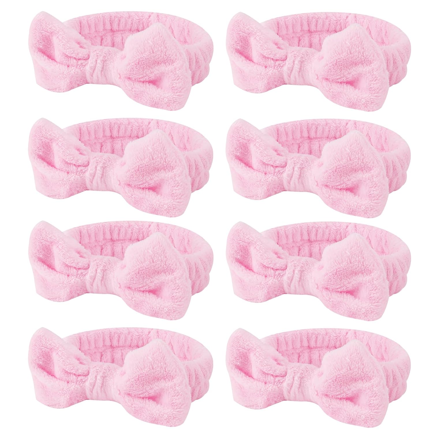 Casoty 8 Pack Pink Coral Fleece Spa Headbands - Soft Bow Hair Bands for Face Wash, Makeup, Yoga, Skincare - Cute Stretchy Accessory for Women & Girls