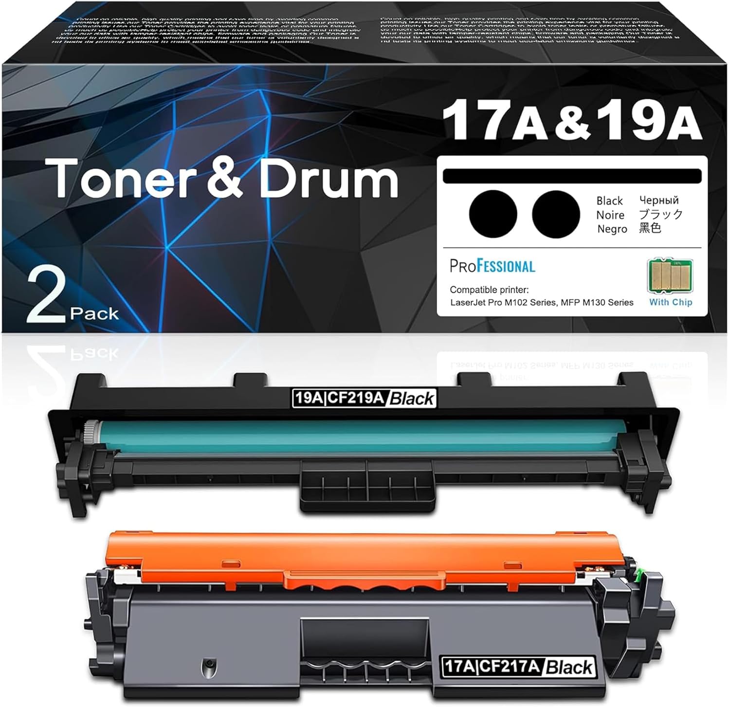 17A CF217A Black Toner & 19A CF219A Black Drum (2-Pack) Replacement for HP 17A CF217A Toner & Imaging Drum 19A CF219A Compatible with Laser Pro MFP M130a, M130nw, M130fn, M130fw, M102a, M102w Printer