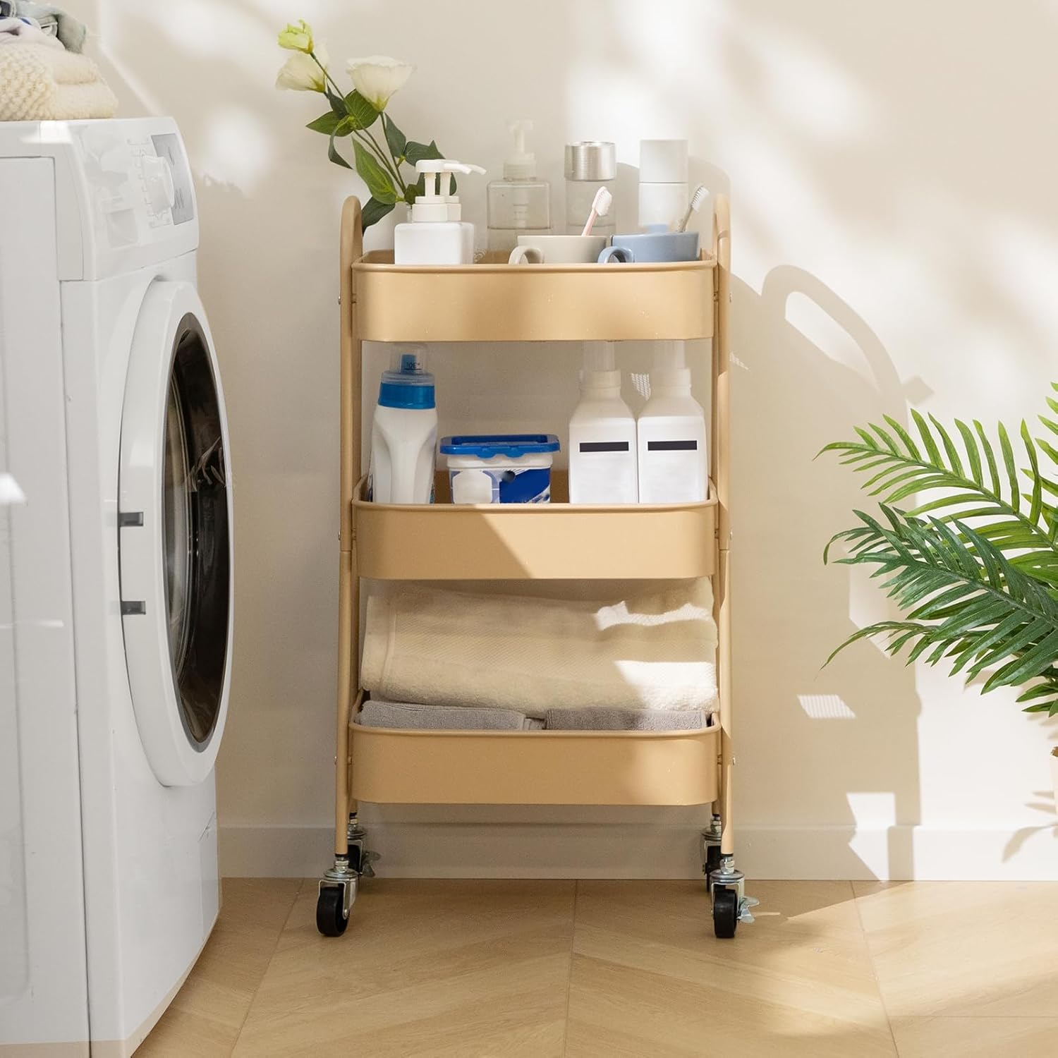 AGTEK 3 Tier Utility Rolling Cart with Lockable Wheels, Metal Multifunctional Storage, Organizer Cart for Kitchen, Office, Living Room, Makeup, Craft, Art Studio, Sand