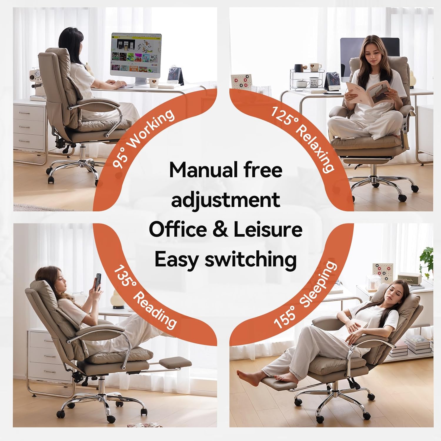 LEAGOO C570 chair demonstrating various recline positions