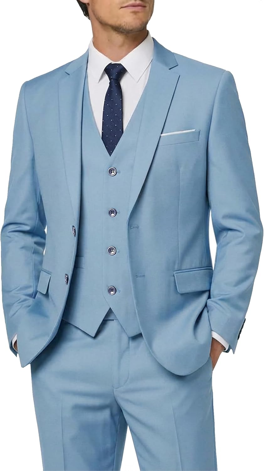 Hihawk Men's 3 Piece Suit with Tie, 2 Button Slim Fit Solid Blazer Jacket Vest Pants, Business Wedding Party Suits for Men