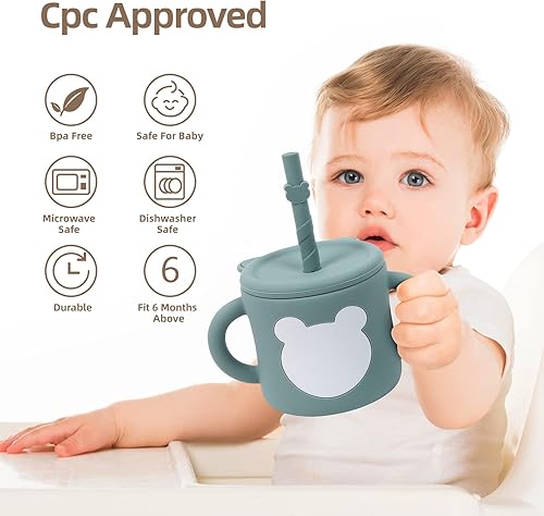 Miniatura 5 de ROISDIYI Vasos para bebés de 6 meses de silicona con popote para bebé, 8 onzas, a prueba de derrames, tapa extraíble para aperitivos, asas de fácil