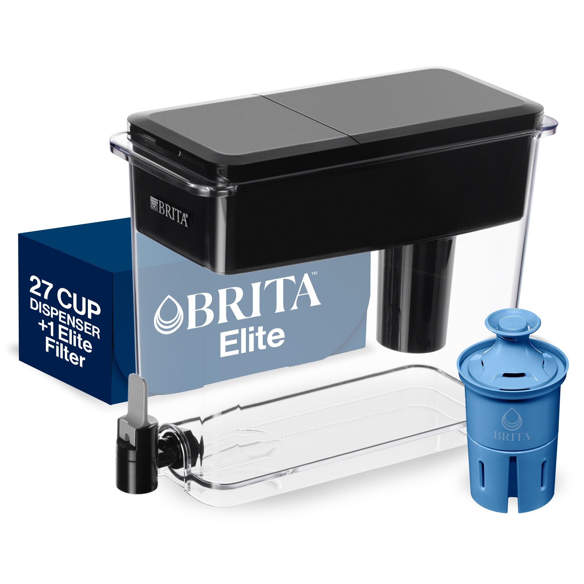 Brita 27 Cup Elite Filter Dispenser, Reduces 30+ Contaminants including Lead and Microplastics, Filter lasts 6 months, UltraMax, Black