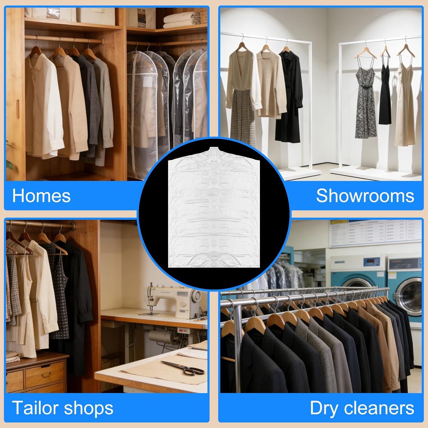 8-Pack Garment Bags - 60x90cm Dry Cleaning Bags for Hanging Clothes Storage - Dust Proof Clear Plastic Clothes Covers for Home Storage Clothing Stores & Dry Cleaners
