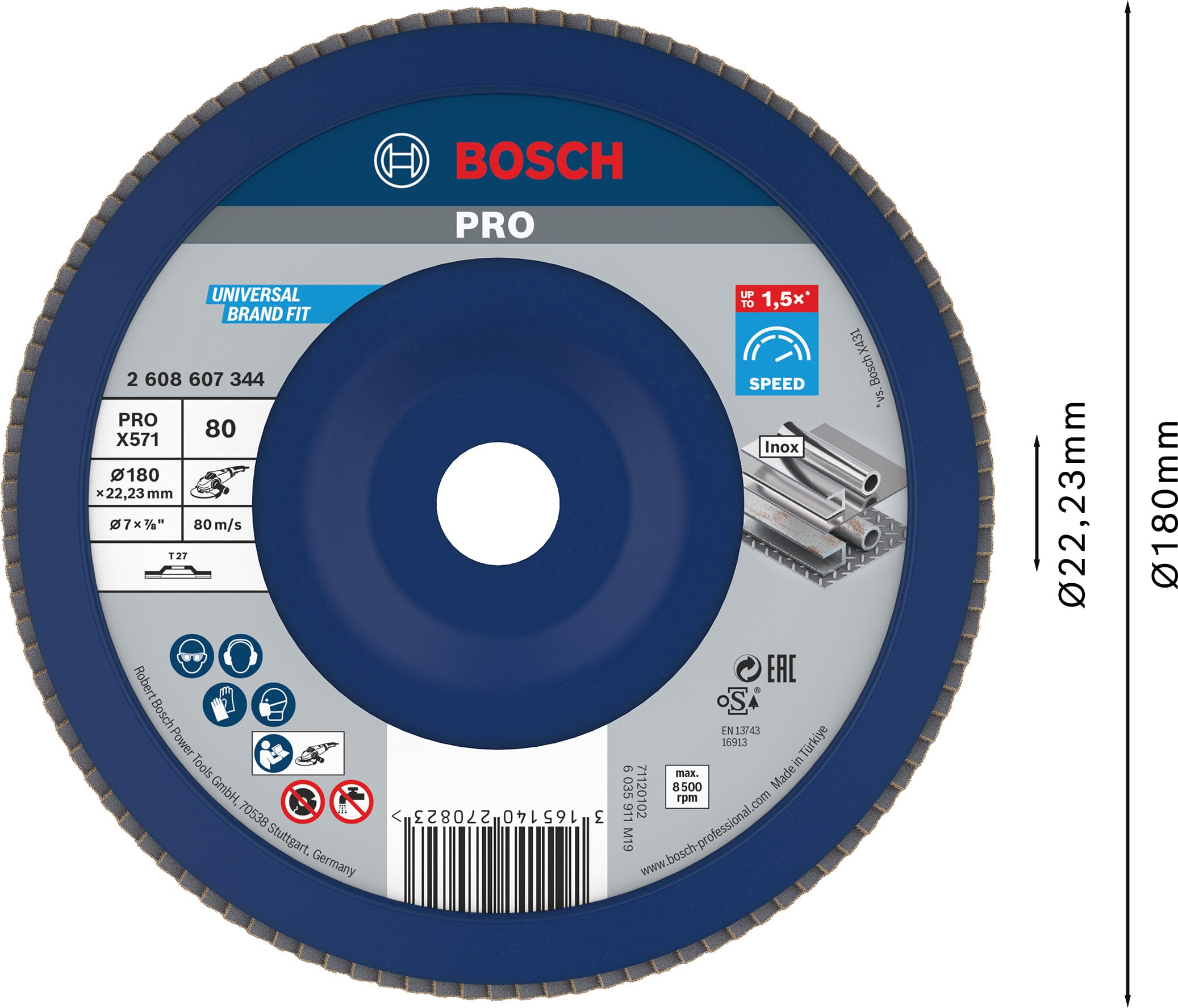 Bosch 1x Disco lamellare PRO X571 grandi, versione diritta, in plastica (per Acciaio, Acciaio inossidabile, Ø 180 mm, Grano 80, Professional Accessorio Smerigliatrice angolare grande)