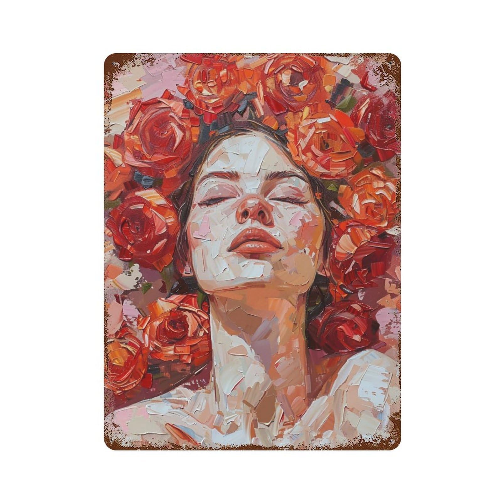 YHGERTKU Woman with Red Roses Impasto 04 Wall Art Retro Iron Vintage Metal Tin Sign Poster Modern Decor for Living Rooms Gift 40x30cm