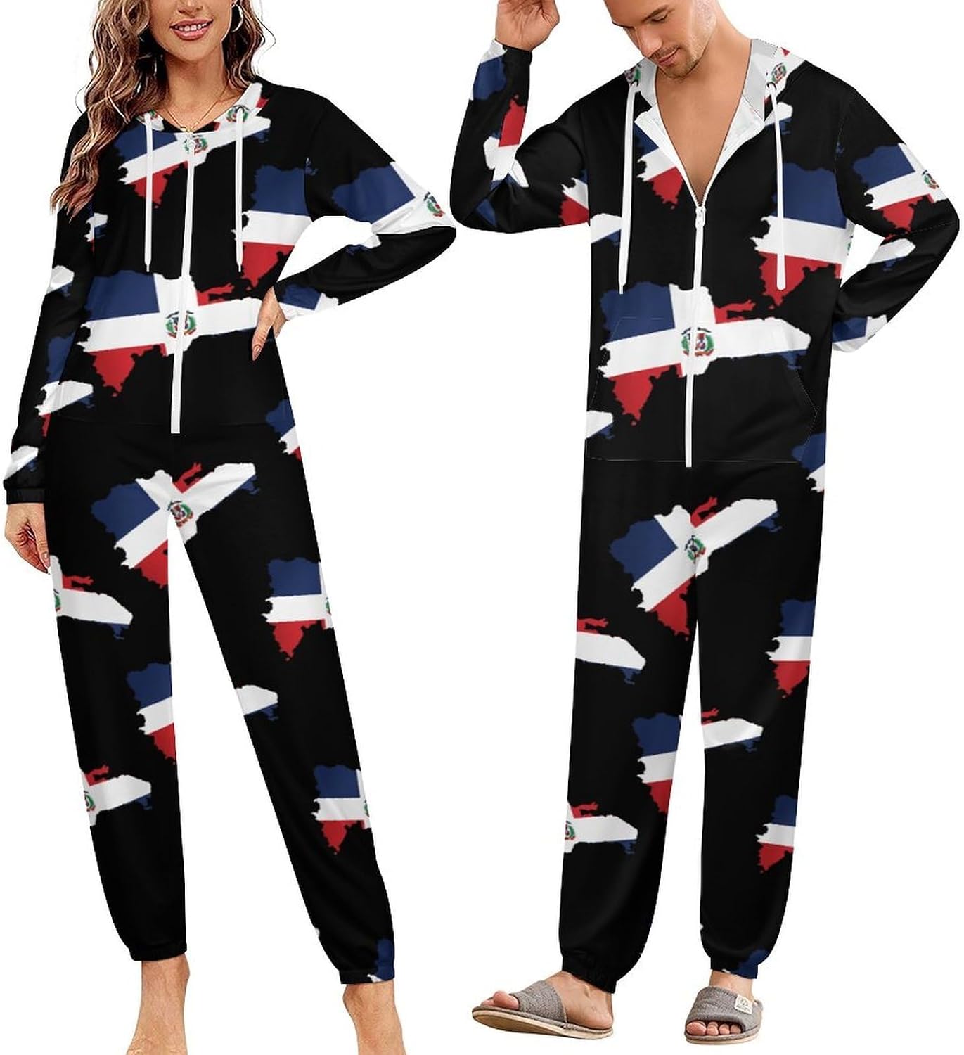 Dominican Republic Map Flag Adult Pajamas Onesie with Hood Pocket Jumpsuits One Piece Sleepwear