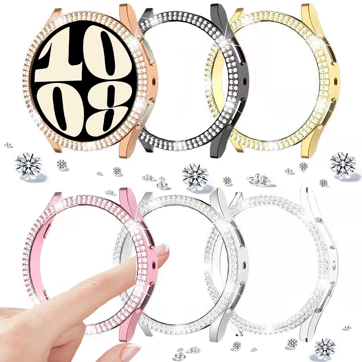DEALELE [6-PACK] Case Compatible with Samsung Galaxy Watch 6 40mm, Bling Double-row Diamond PC Protective Case Protector Cover, 40mm, Black+Silver+Rosegold+Pink+Gold+Transparent