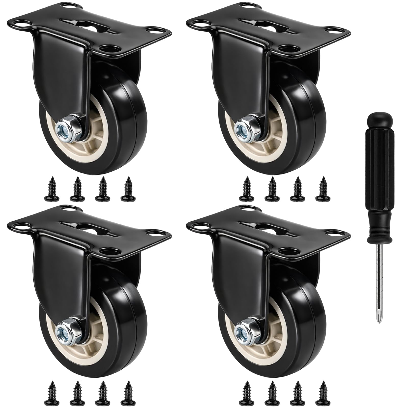 QOPAHI Castor Wheels 75mm, Fixed Caster Wheels Set of 4 Silent Rubber Heavy Duty Casters for Furniture Trolley Cabinet Moving, Load Capacity 80kg Each(Black)