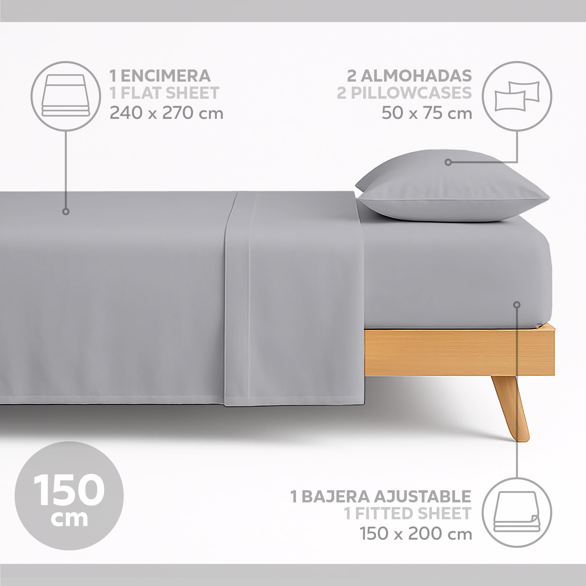 Easycosy - Zestaw prześcieradeł 4 szt. - łóżko 150 (150 x 200 cm) - prześcieradło wierzchnie, dopasowane prześcieradło z gumką i 2 poszewki na poduszkę 50x75 cm, jasnoszary (szczotkowana mikrofibra)