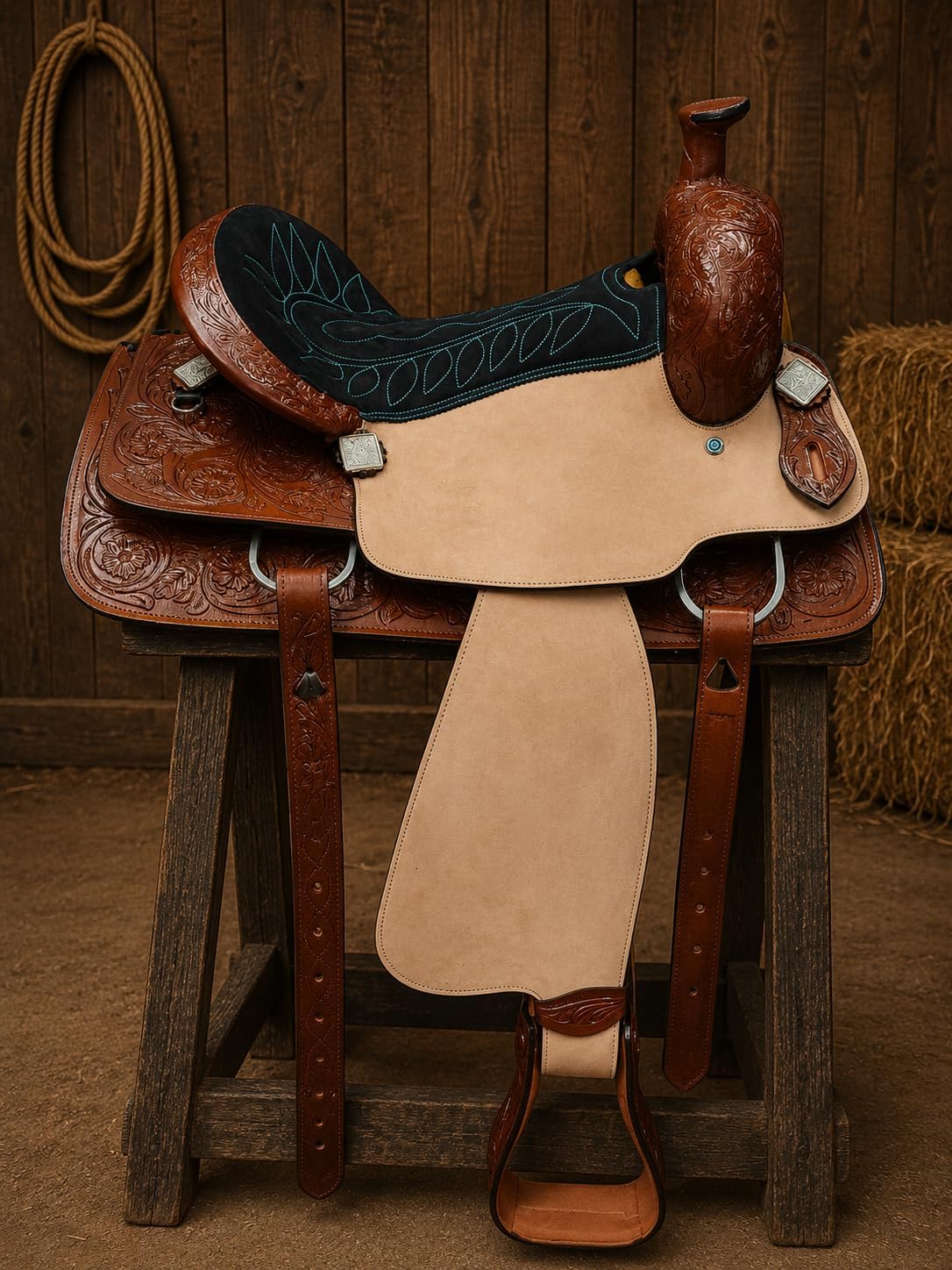 Wade Horse Saddle Leather Tree A Fork Roping Ranch Work Adult & Pony Tooled Craved Handmade Premium Western Equestrian Trail Tack For Horse Riding Saddle Size: 10"-18" inches Seat, MO-WHR-20