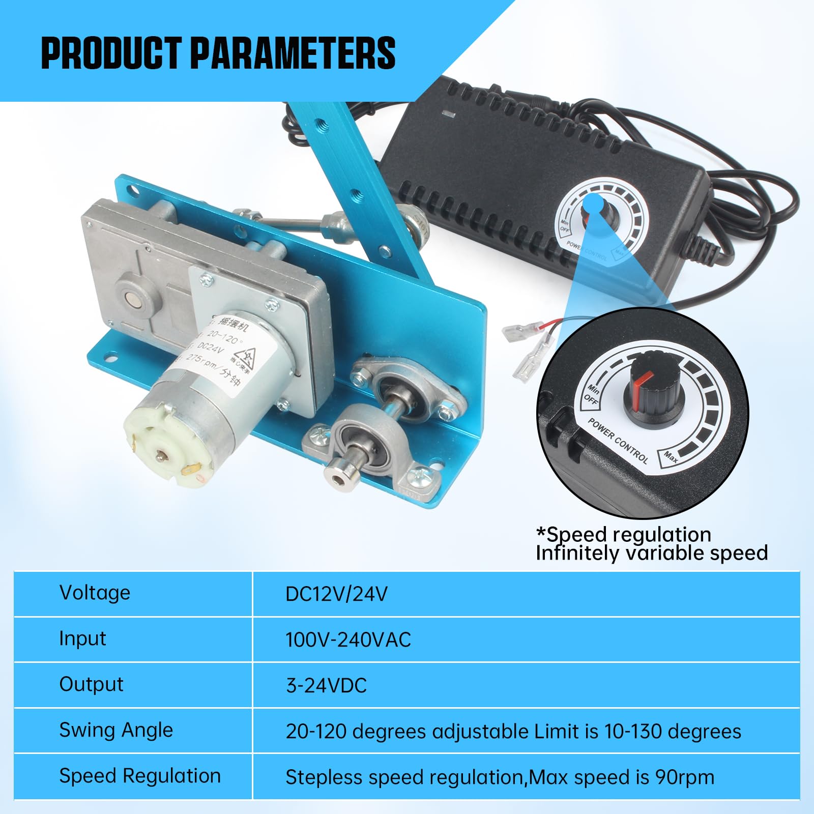CNCTOPBAOS Actuador lineal de 12 V CC 24 V, motor alternativo de 20 a 120 grados ajustable, 90 veces por minuto, regulador de velocidad de 90 rpm, máquina oscilante automática, ángulo de oscilación de
