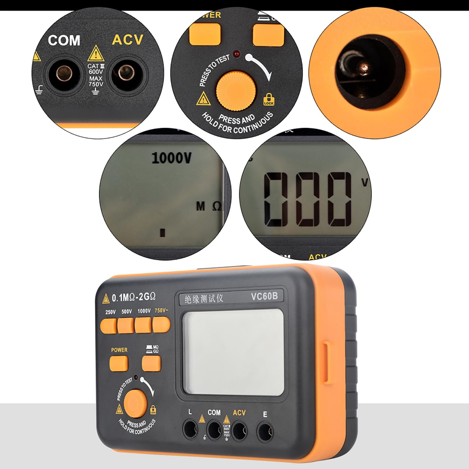 MegOhm Mètre VC60B Testeur de Résistance d'Isolement Numérique 200MΩ 2GΩ