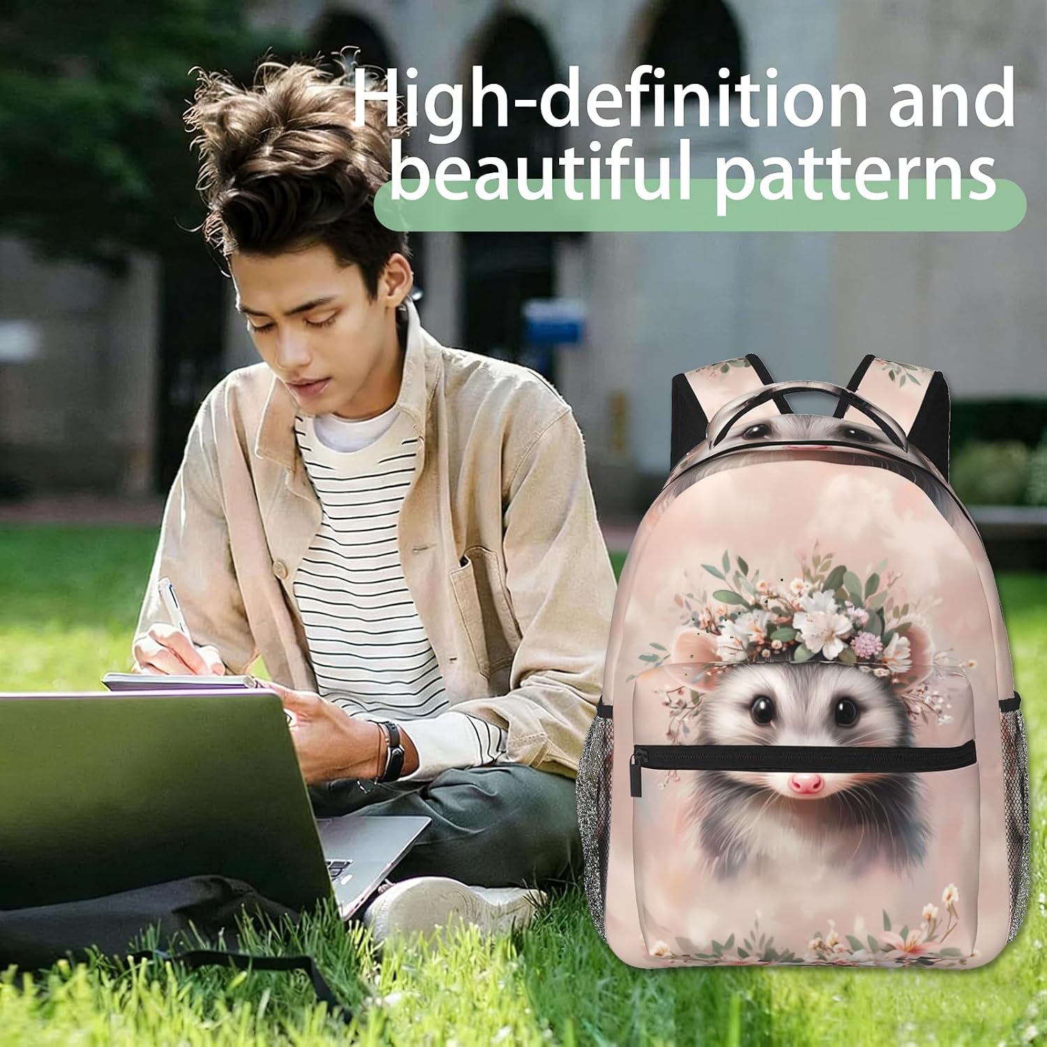 Cute Opossum Wreath Backpack, Polyester Backpacks with Straps, 11.4inx5.9inx15.7in, Multi-Pocket Storage Bookbag, Ideal For School Work Travel Hiking Camping, Girls Women Nature Lovers Gifts