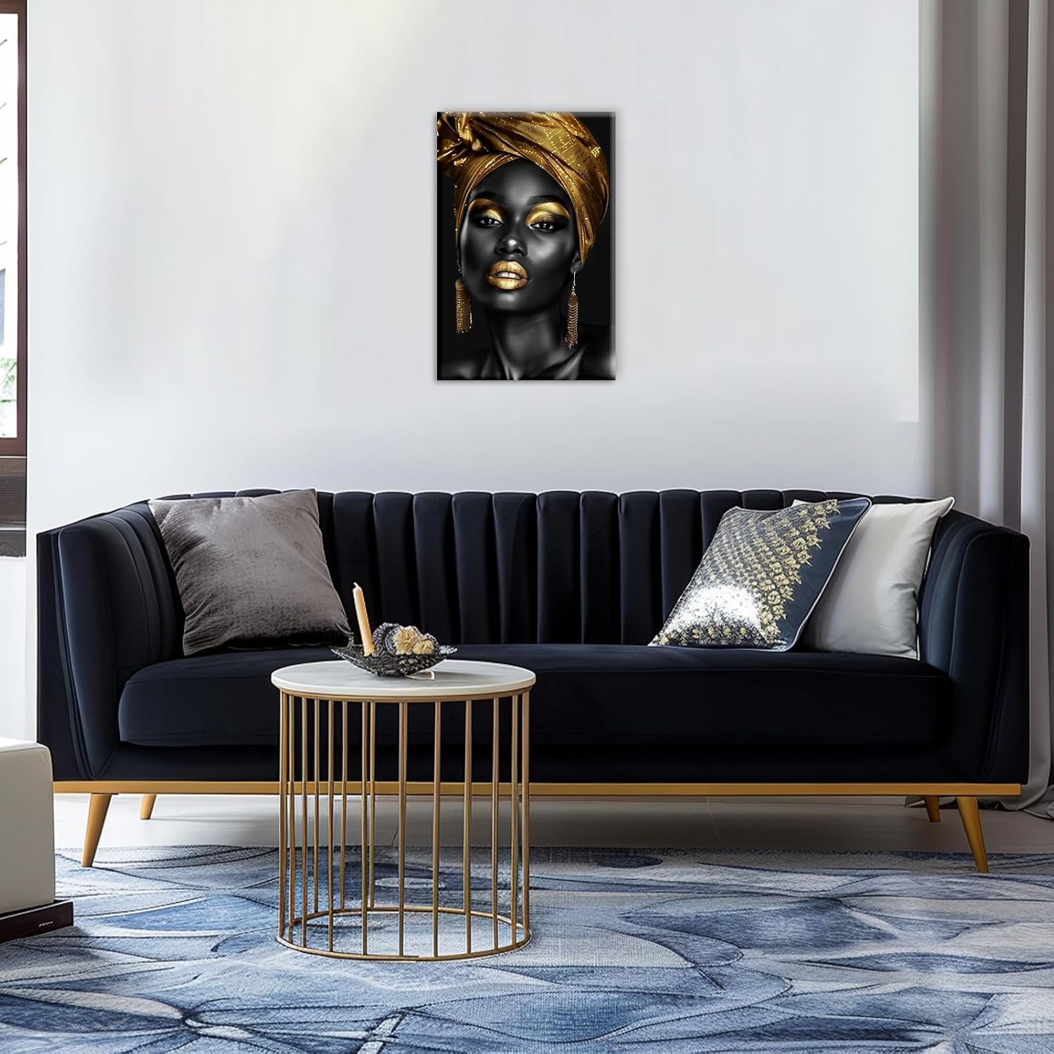 GLOKAKA African American Woman Canvas Wall Art Black Gold Artwork Black Girl Portrait Painting Abstract Female Pictures Wall Decor for Living Room(Artwork-1,12"x18")