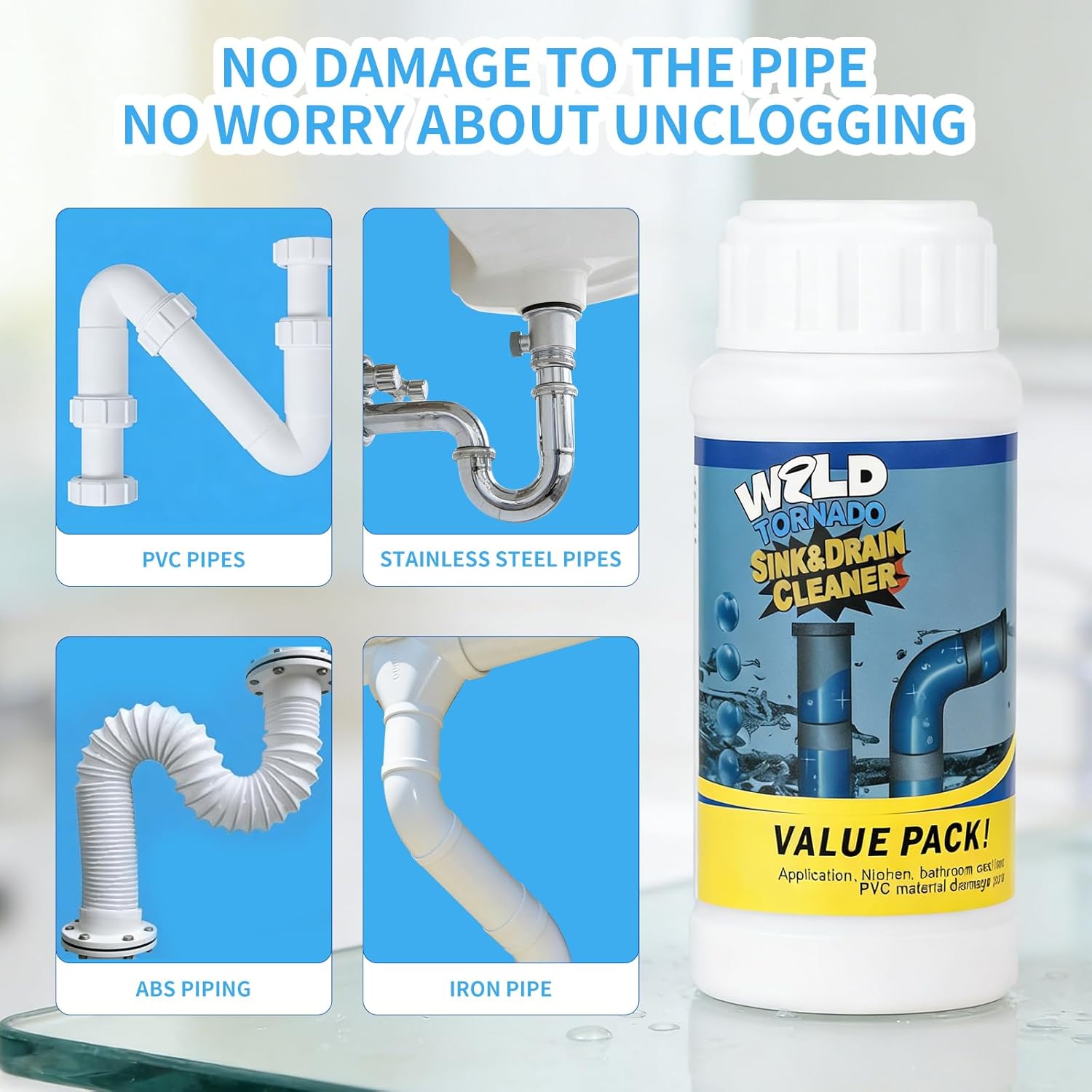 Wild Tornado Sink and Drain Cleaner, Wild Tornado Pipe Dredge, Powerful Sink and Drain Cleaner Powder, Fast Foaming for Kitchen Toilet Pipeline Quick Cleaning Tool (4PC)