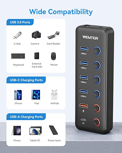 Miniatura 6 de Wenter Hub USB 3.0 alimentado, divisor de concentrador USB de 6 puertos (4 puertos de transferencia de datos más rápidos + 2 puertos de carga QC de
