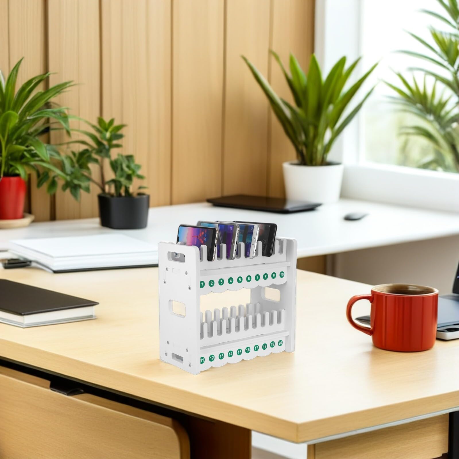 Gatuida Supporto per Smartphone da Tavolo a 2 Livelli, Organizer Multistrato in Plastica Bianca, Base Stabile per Scrivania e Aula, Compatibile con Telefoni Mobili
